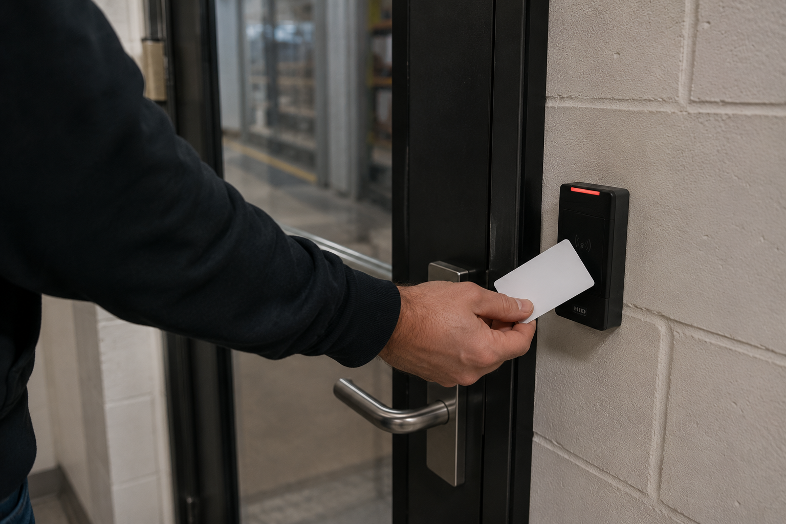 Access control card reader installed at a commercial door