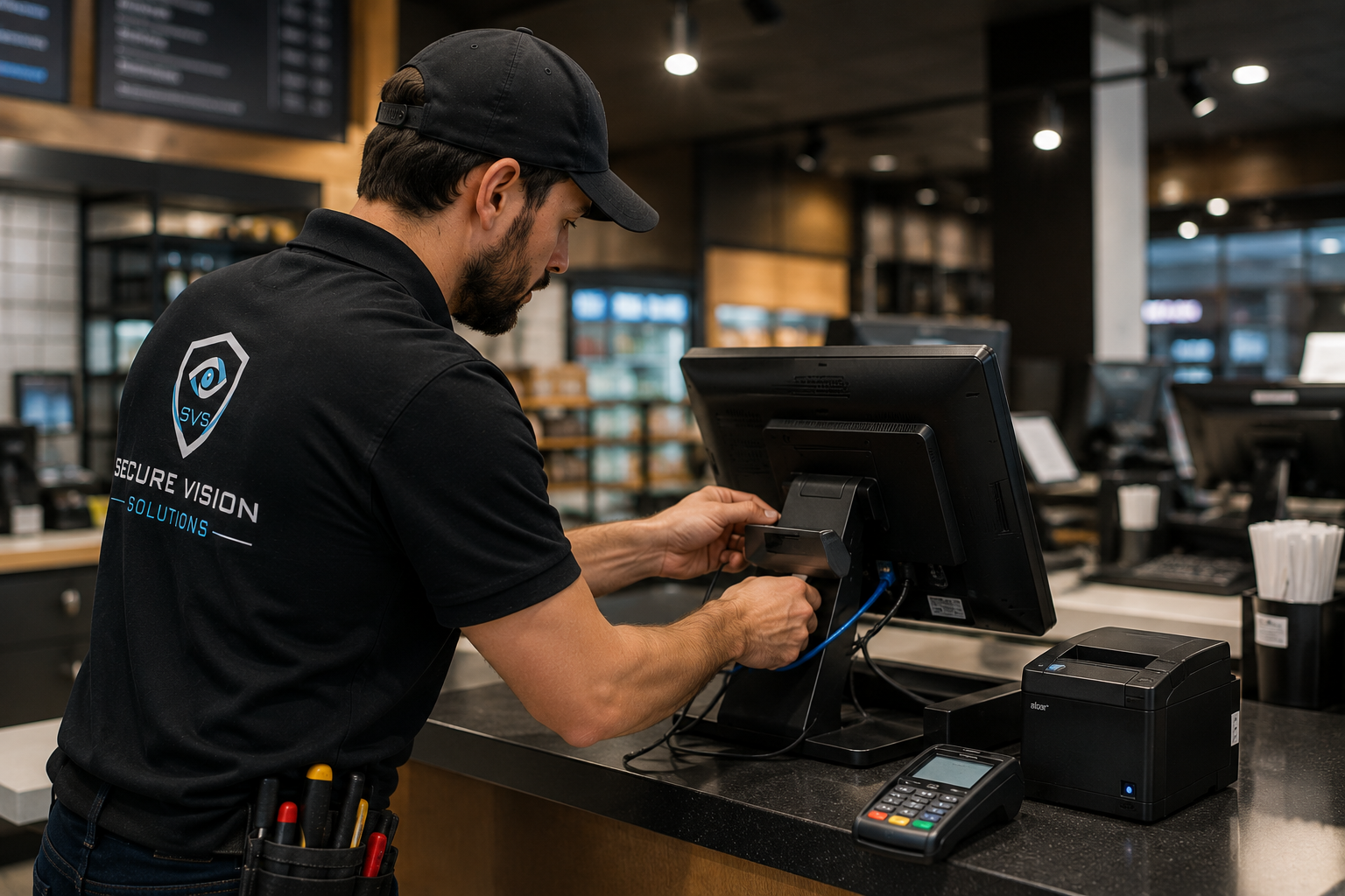Technician installing a POS terminal and payment device