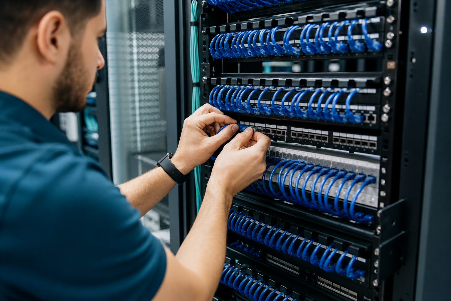 Structured network cabling in a rack